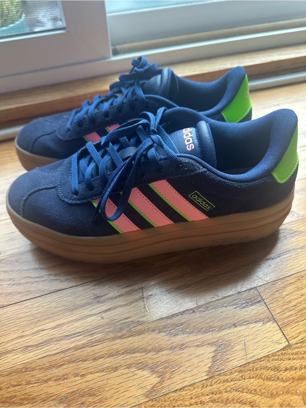 adidas women’s platform Navy Sneakers with Pink & Lime Stripe Accents